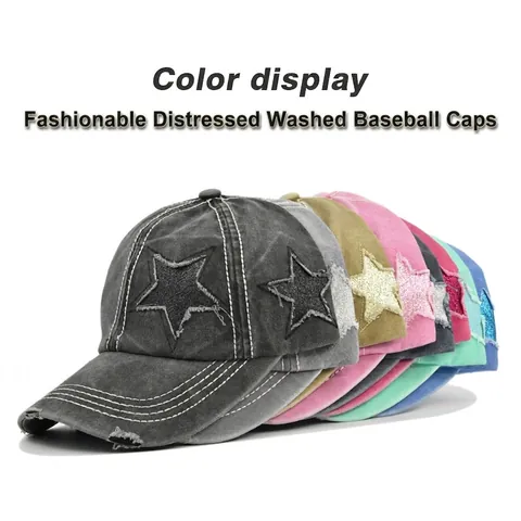 Dames Gewassen Katoenen Baseballpet Verweerd Glitter Sterren Paardenstaart Gat Vintage Mode Zonnehoed Verstelbare Pet