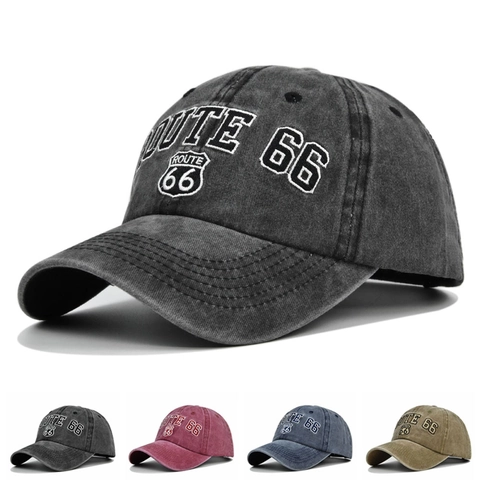 Berretto da Baseball in Cotone Lavato Ricamato Route 66 Retro Distressed Cappello Snapback Regolabile per Uomo Donna Casual Cappello da Sole