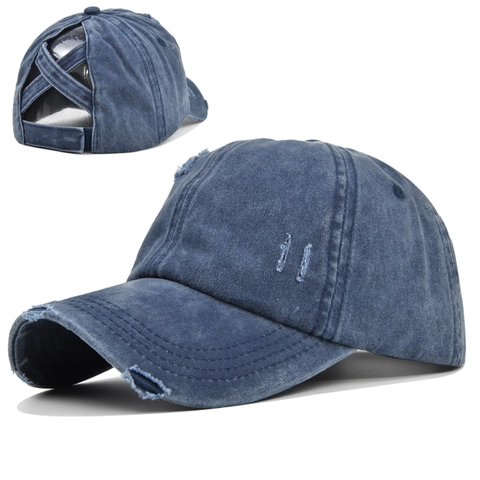 Berretto da Baseball da Donna in Cotone Lavato Distressed con Foro per Coda di Cavallo Vintage Incrocio Regolabile Outdoor