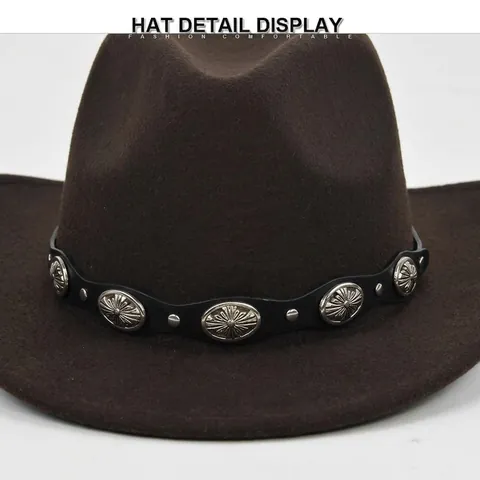 Vintage Breedgerande Fedora Hoed Wollen Vilt Jazz Hoed Met Etnische Leren Riem Metalen Nieten Western Stijl Panama Hoed Voor Dames Heren