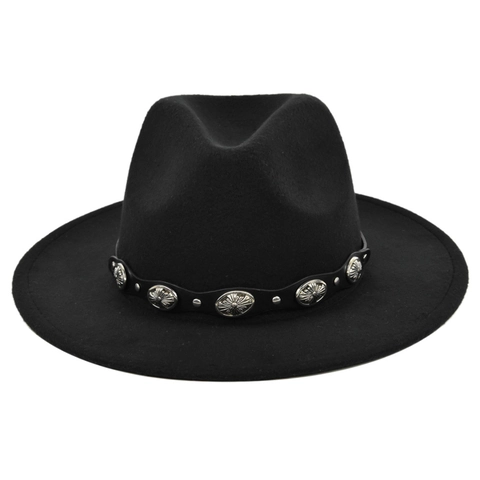 Vintage Breedgerande Fedora Hoed Wollen Vilt Jazz Hoed Met Etnische Leren Riem Metalen Nieten Western Stijl Panama Hoed Voor Dames Heren