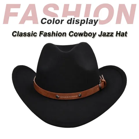 Classic Vintage Western Cowboy Hat Woolen Felt Fedora Wide Brim Jazz Hat With Rivet Belt Buckle Outdoor Travel Fashion Gear