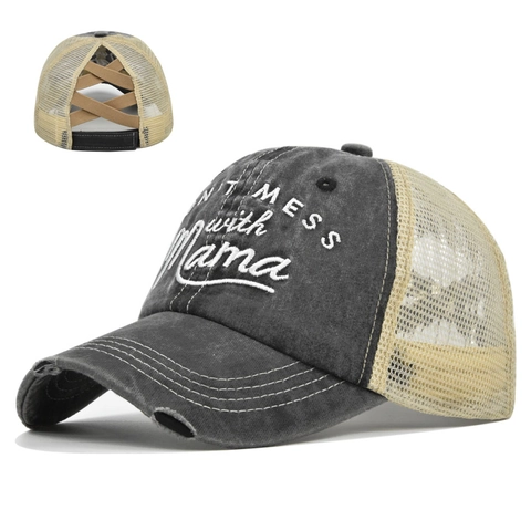 Casquette Baseball Donna Lavata Distressed con Foro per Coda di Cavallo Ricamo Lettere Cappello Trucker Regolabile Mama
