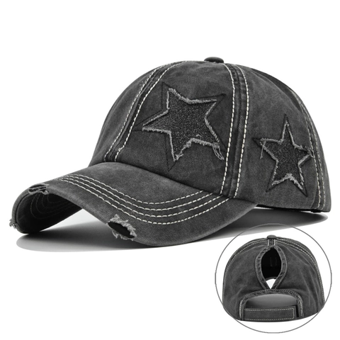 Dames Gewassen Katoenen Baseballpet Verweerd Glitter Sterren Paardenstaart Gat Vintage Mode Zonnehoed Verstelbare Pet