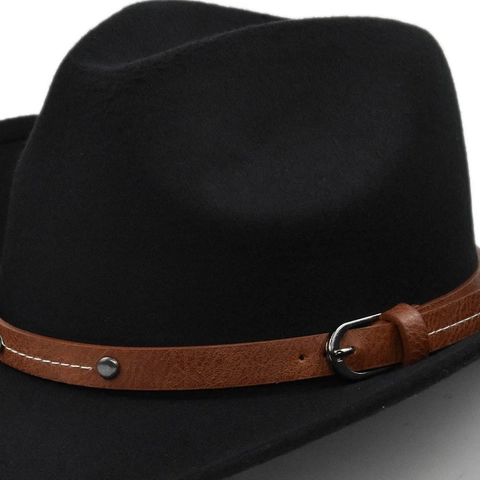Classic Vintage Western Cowboy Hat Woolen Felt Fedora Wide Brim Jazz Hat With Rivet Belt Buckle Outdoor Travel Fashion Gear