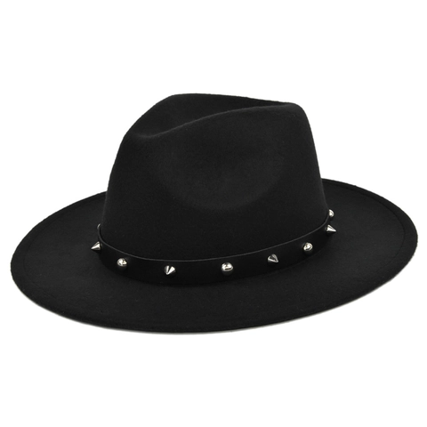 Vintage Britse Stijl Wollen Fedora Hoed Punk Metalen Klinknagels Leren Band Brede Rand Jazz Hoed Voor Dames Heren Mode