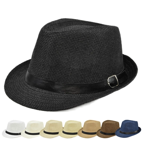 Cappello Fedora Unisex in Paglia di Carta Berretto Jazz Estivo Con Fascia in Pelle Nera Fibbia Decorativa Traspirante Stile Vintage