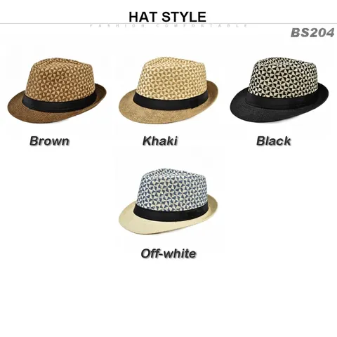 Unisex Sommer Papierstroh Fedora Hut Geometrische Webart Sonnenschutz Strand Jazz Hut Mit Schwarzem Band Kurze Krempe