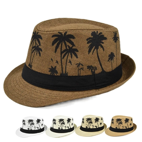 Zomer Stro Fedora Hoed Vrouwen Mannen Zonbescherming Strand Jazz Hoed Met Kokosboom Patroon Lint Decor Reizen Panama Hoed