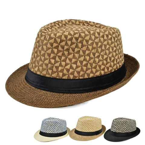 Unisex Sommer Papierstroh Fedora Hut Geometrische Webart Sonnenschutz Strand Jazz Hut Mit Schwarzem Band Kurze Krempe