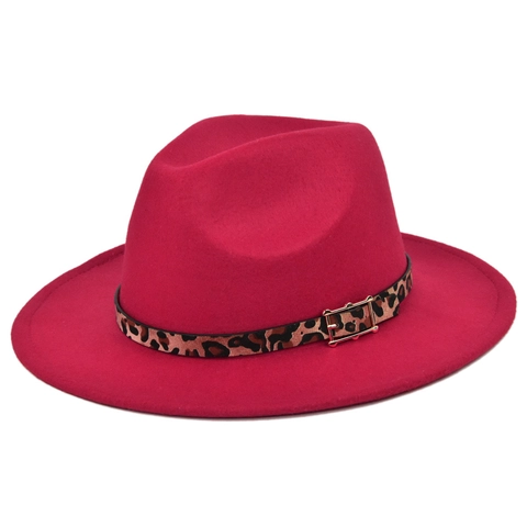 Vintage Luipaardprint Riem Fedora Hoed Voor Dames Heren Brede Rand Wollen Jazz Cap Met Gouden Gesp Mode Elegant Accessoire