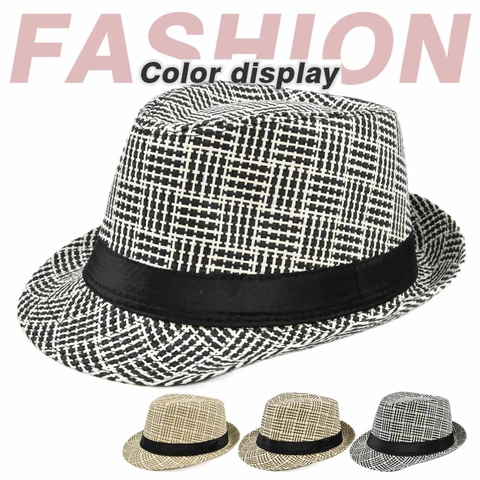 Unisex Paper Straw Fedora Hat Grid Pattern Sun Protection Breathable Summer Beach Trilby Hat With Black Ribbon Band