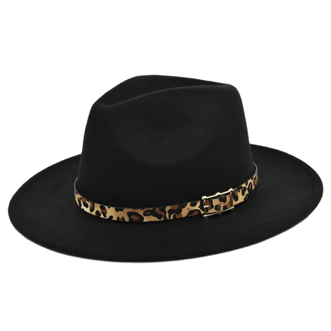 Vintage Luipaardprint Riem Fedora Hoed Voor Dames Heren Brede Rand Wollen Jazz Cap Met Gouden Gesp Mode Elegant Accessoire