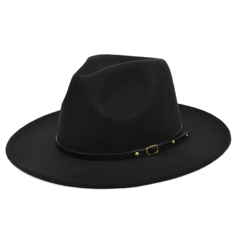 Vintage Wide Brim Fedora Hat For Men Women Polyester Felt Jazz Hat With Belt Buckle Rivets Classic Flat Top Sunshade Cap