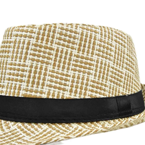 Unisex Paper Straw Fedora Hat Grid Pattern Sun Protection Breathable Summer Beach Trilby Hat With Black Ribbon Band