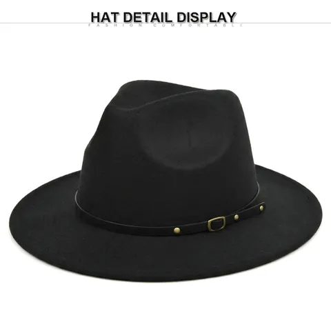Vintage Wide Brim Fedora Hat For Men Women Polyester Felt Jazz Hat With Belt Buckle Rivets Classic Flat Top Sunshade Cap