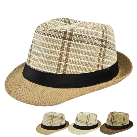 Vintage Kariert Fedora Strohhut Für Herren Damen Rollrand Sonnenhut Mit Schwarzem Band Sommer Strand Casual Jazz Cap