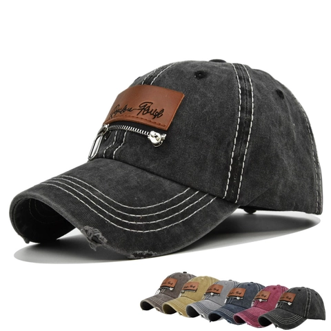 Vintage Distressed Gewaschene Baumwolle Baseballkappe Für Herren Damen Retro Reißverschluss Lederpatch Verstellbarer Hut