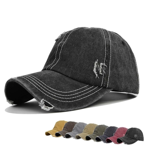Casquette de Baseball Vintage en Coton Délavé Chapeau de Soleil en Denim Usé Avec Trous Snapback Réglable pour Hommes Femmes Style Rétro