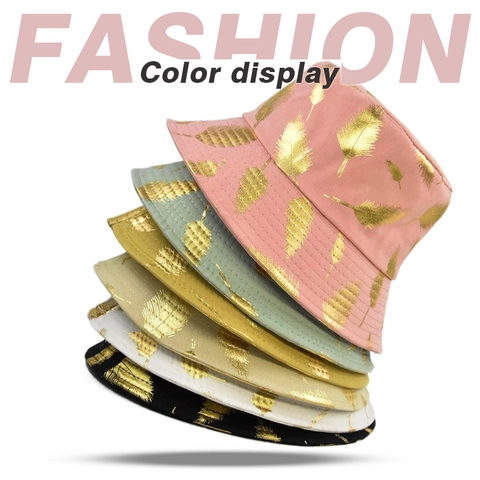 Women Fashion Gold Feather Print Bucket Hat Cotton Large Brim Sun Hat Gold Stamping Basin Hat For Outdoor Beach Travel