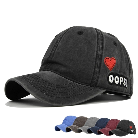 Berretto da Baseball in Cotone Lavato Vintage Ricamo a Cuore Patch OOPS Regolabile Distressed Dad Hat Parasole Visiera Curva