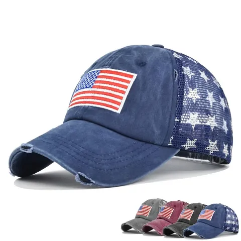 Berretto Trucker in Cotone Lavato Distressed Bandiera USA Stelle Ricamo Rete Berretto da Baseball Retro Streetwear Americano