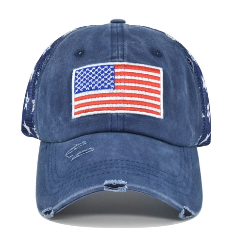 Berretto Trucker in Cotone Lavato Distressed Bandiera USA Stelle Ricamo Rete Berretto da Baseball Retro Streetwear Americano