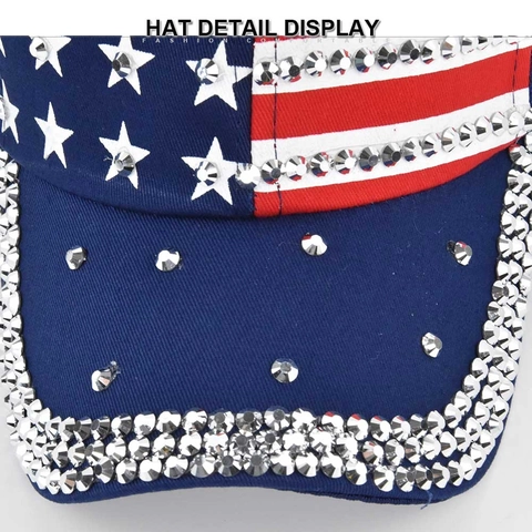 Fashion USA Flag Baseball Cap For Women Men Rhinestone Studded Stars Stripes Patriotic Sun Hat Adjustable Cotton Hat