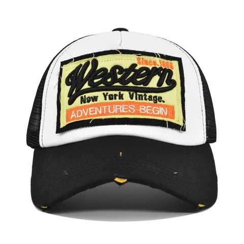 Cappellino Trucker Retro con Ricamo Western Mesh Posteriore Effetto Consumato Cappello da Baseball per Uomo Donna Regolabile Vintage
