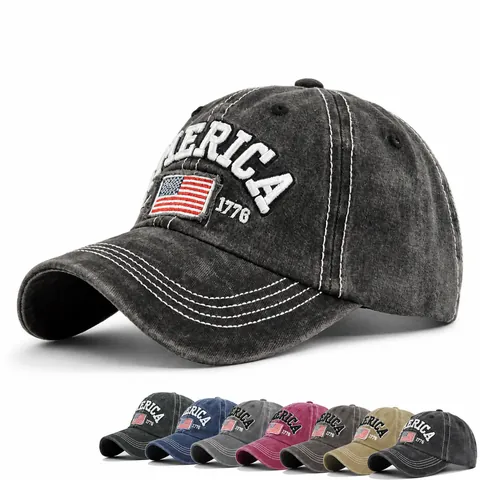 Washed Distressed Cotton Baseball Cap America 1776 Embroidered American Flag Retro Adjustable Unisex Sun Hat