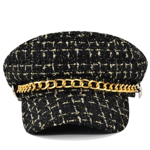 Vintage Rough Tweed Newsboy Hat For Women Gold Metal Chain Decor Winter Warm Baker Boy Beret French Elegant Flat Top Cap