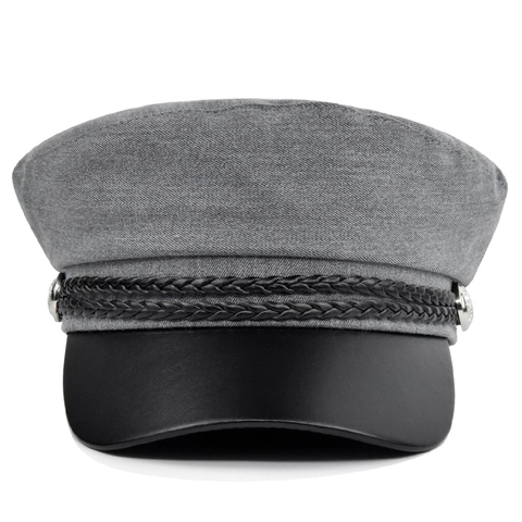 Berretto da Marinaio Retrò da Donna in Cotone Con Visiera in Pelle PU Corda Intrecciata Bottone in Metallo Cappello Newsboy