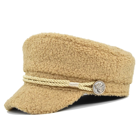 Women's Winter Sherpa Lamb Wool Navy Hat Retro Baker Boy Cap With Braided Rope Metal Button Warm Beret Hat For Ladies