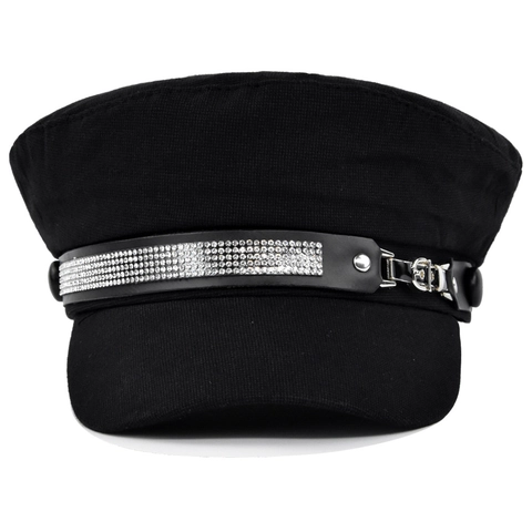 Women Fashion Rhinestone Navy Cap Cotton Flat Top Military Beret Hat With Buckle Leather Belt Decor For Autumn Winter