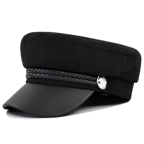 Chapeau de Marine en Laine Vintage Casquette Gavroche Avec Visière en Cuir Et Bouton Métal Béret Mode Femme Hiver