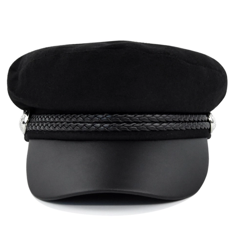 Chapeau de Marine en Laine Vintage Casquette Gavroche Avec Visière en Cuir Et Bouton Métal Béret Mode Femme Hiver