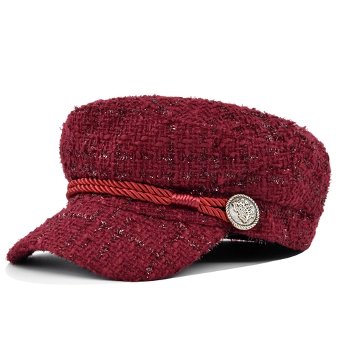 Berretto Newsboy da Donna in Tweed Vintage Caldo Invernale Con Bottone Metallico e Corda Intrecciata Cappello Baker Boy