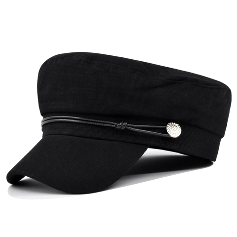 Vintage Baumwollmischung Marine-Mütze Flaches Top Baker Boy Hut Für Damen Britischer Stil Newsboy Mütze Mit Gürtelschnalle Dekor