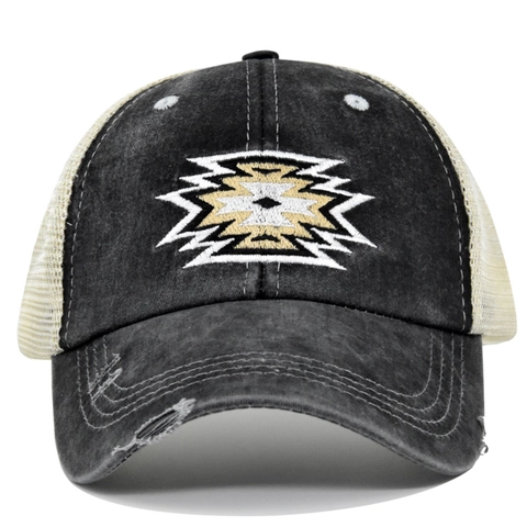 Cappellino da Baseball a Coda di Cavallo Distressed Mesh Retro in Cotone Lavato Vintage Etnico Ricamato Regolabile Trucker Cap