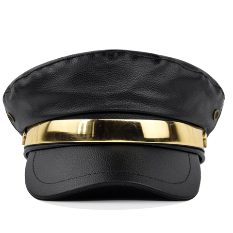 Cappello da Marinaio da Donna in Pelle PU alla Moda Stile Britannico Berretto Militare a Cima Piatta con Fibbia M in Metallo Oro