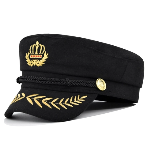Cappello da Marinaio Britannico da Donna in Tessuto Effetto Lana Berretto da Capitano Con Ricamo Corona Spighe Bottone in Metallo