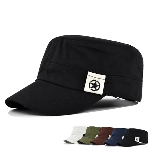 Unisex Cotton Cadet Cap Military Flat Top Hat With Star Patch Adjustable Sun Protection Outdoor Casual Baseball Cap For Men Women