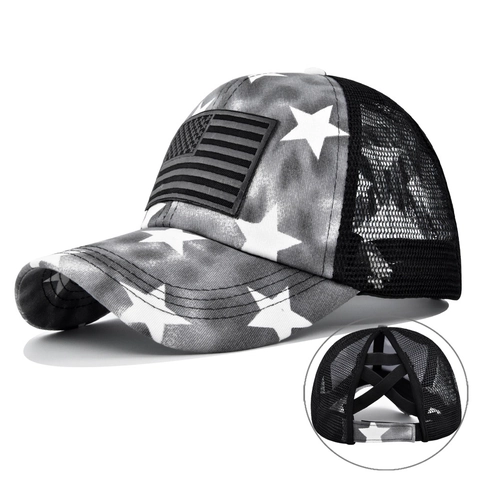 Dames Paardenstaart Honkbalpet Criss Cross Mesh High Ponytail Hoed Tie Dye Ster Print Amerikaanse Vlag Patch Zonnekap