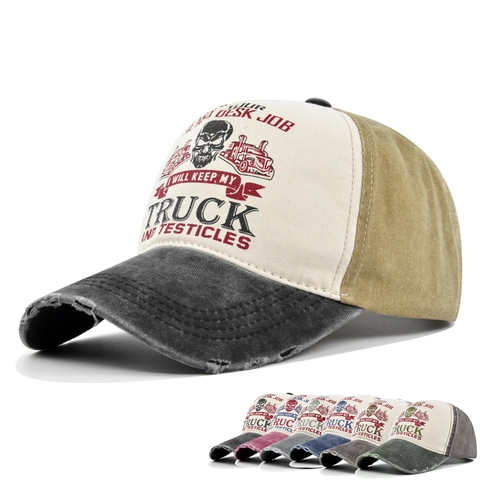 Gorra de Béisbol Vintage Desgastada 100 Por Ciento Algodón Hombre Mujer Estampado Cráneo Camión Bloques Color Ajustable Lavado