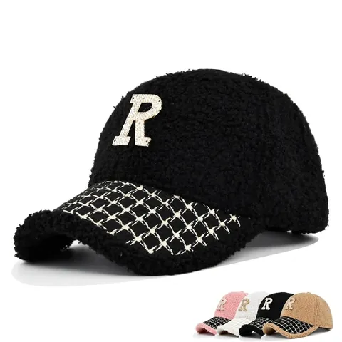 Berretto da Baseball in Pile Sherpa Invernale da Donna Lettera R con Strass Tesa Plaid Caldo Cappello Teddy Outdoor Regolabile