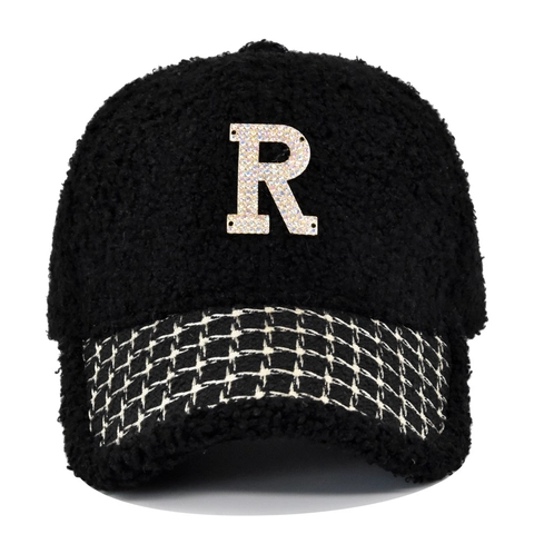 Berretto da Baseball in Pile Sherpa Invernale da Donna Lettera R con Strass Tesa Plaid Caldo Cappello Teddy Outdoor Regolabile