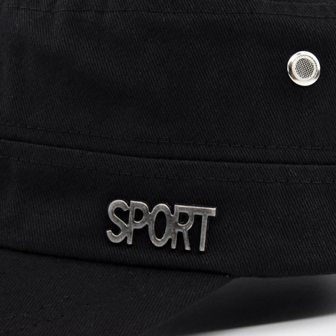 Unisex Cotton Flat Top Cadet Hat With SPORT Metal Logo Adjustable Military Style Sun Cap For Outdoor Casual Sports