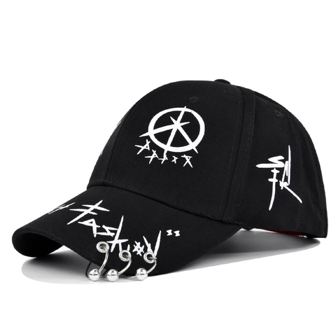 Berretto da Baseball in Cotone con Stampa Graffiti Streetwear Cappello Hip Hop con Anelli in Metallo Stile Punk Regolabile