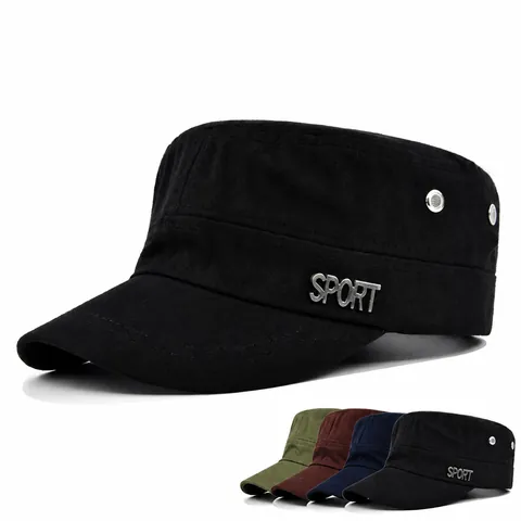 Unisex Cotton Flat Top Cadet Hat With SPORT Metal Logo Adjustable Military Style Sun Cap For Outdoor Casual Sports
