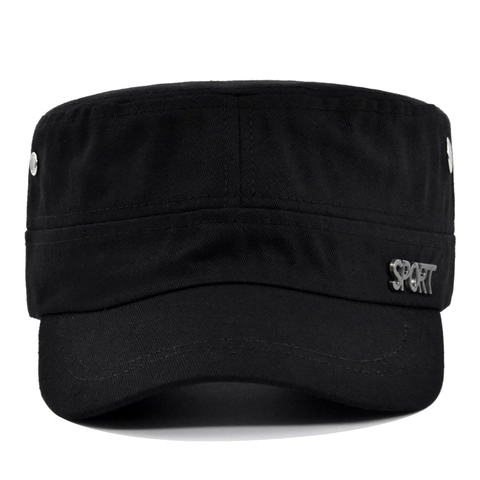 Unisex Cotton Flat Top Cadet Hat With SPORT Metal Logo Adjustable Military Style Sun Cap For Outdoor Casual Sports